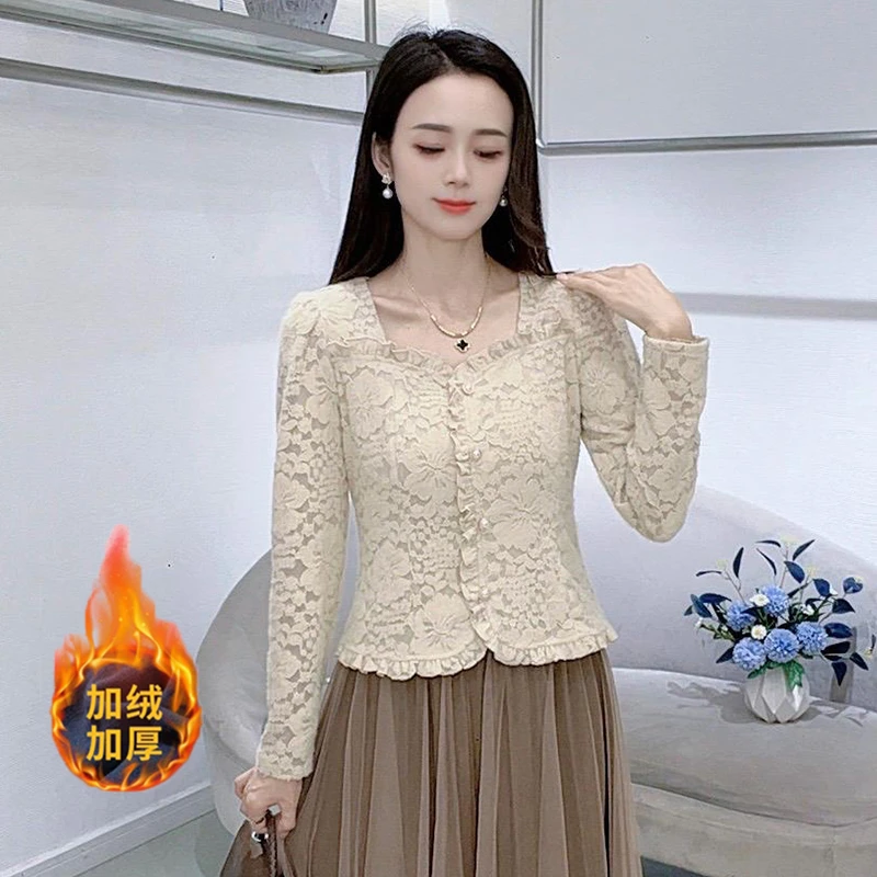洋气方领磨毛蕾丝衫女2025秋冬季新款法式显瘦减龄加绒打底衫上衣