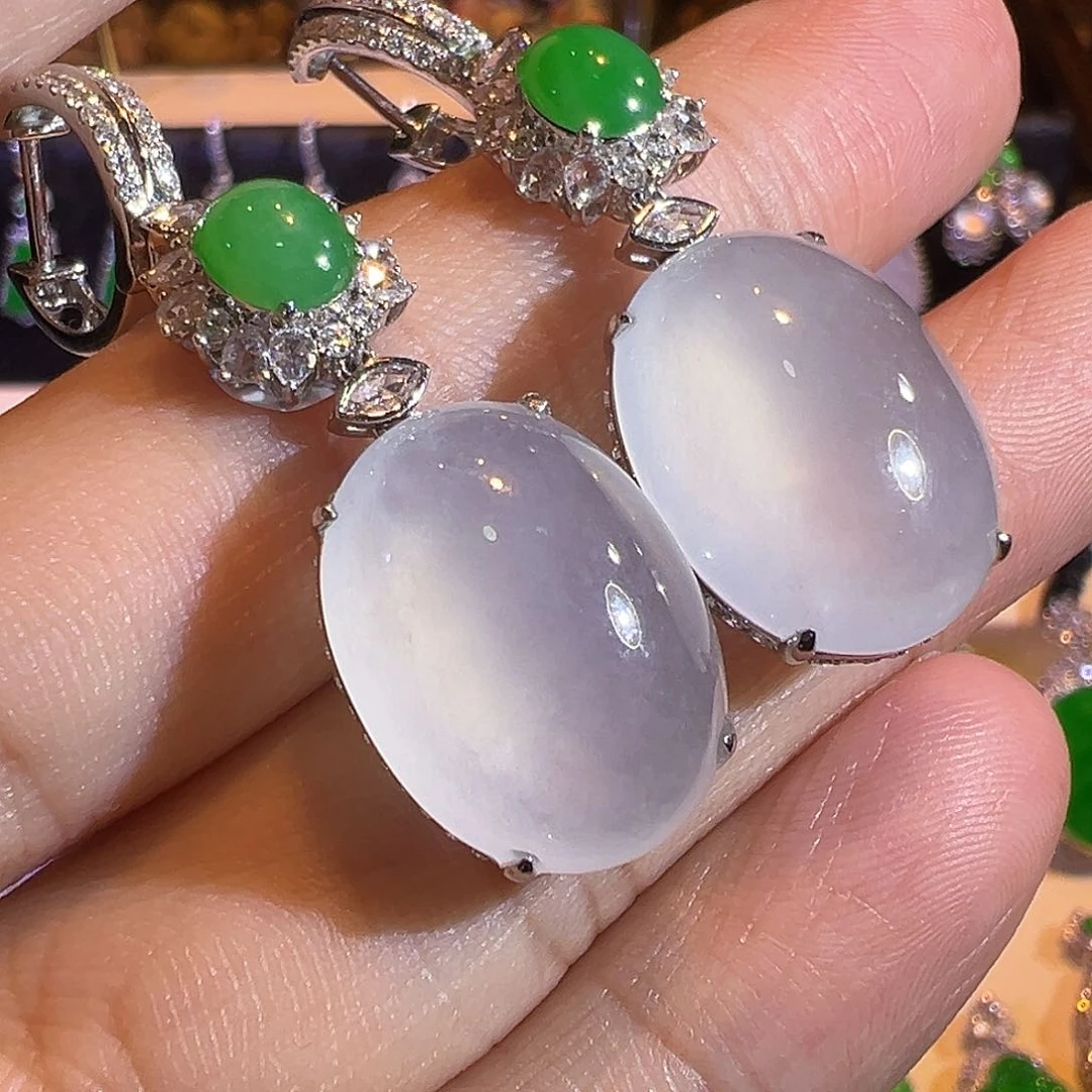 翡翠耳饰18K金镶嵌正冰大大大蛋面