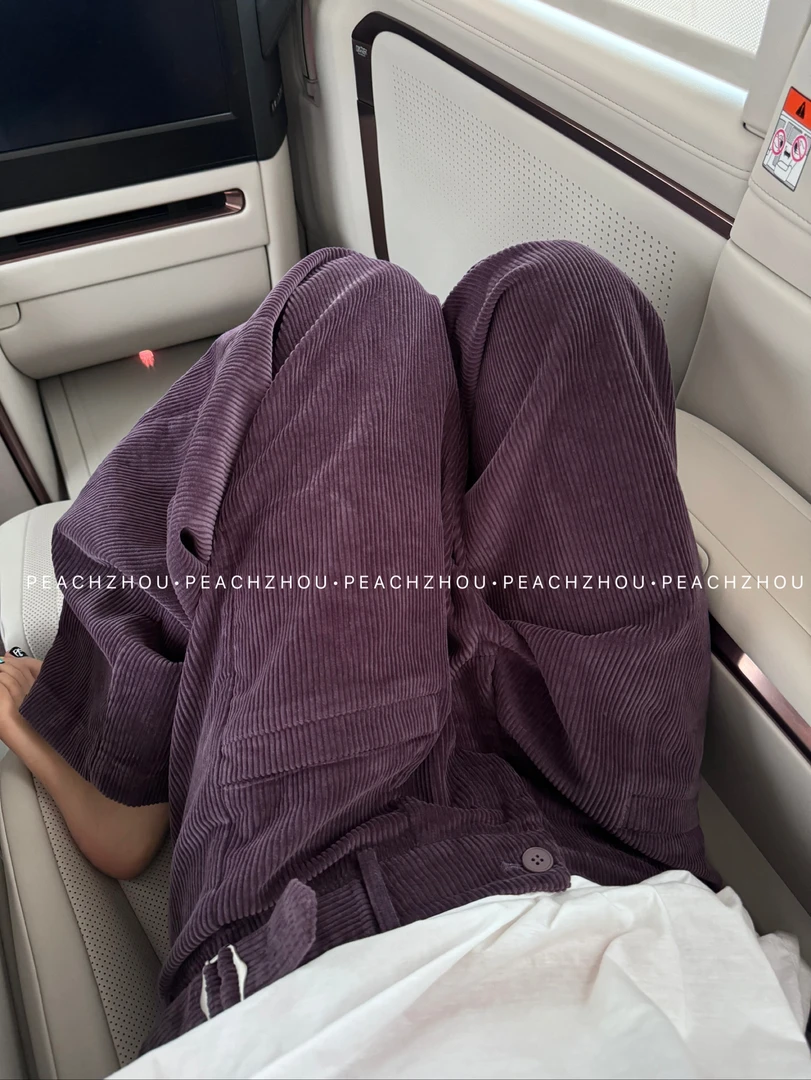 『PEACHZHOU』海葵紫灯芯绒贴袋可调节腰围高级感宽松直筒休闲裤女
