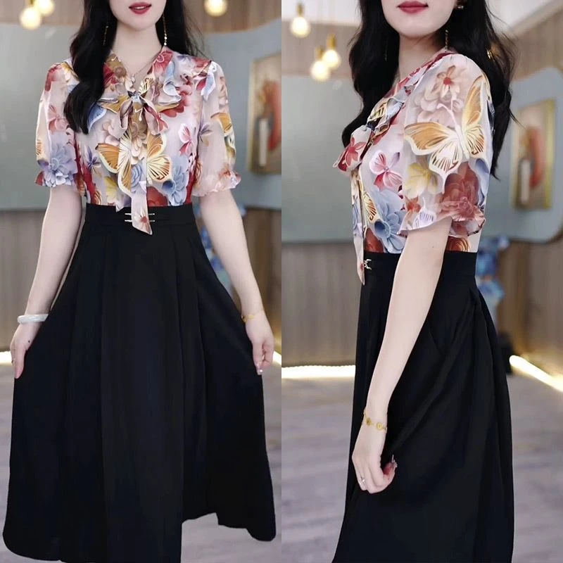 2025夏新款气质显瘦拼接假两件短袖连衣裙女时尚收腰遮肚印花裙子