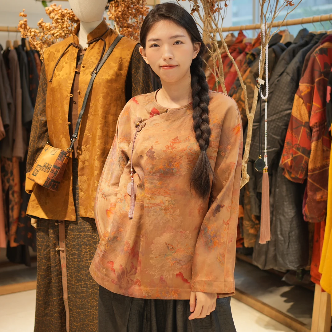 《云仙引》花罗香云纱长袖圆领上衣新中式斜襟百搭中国风