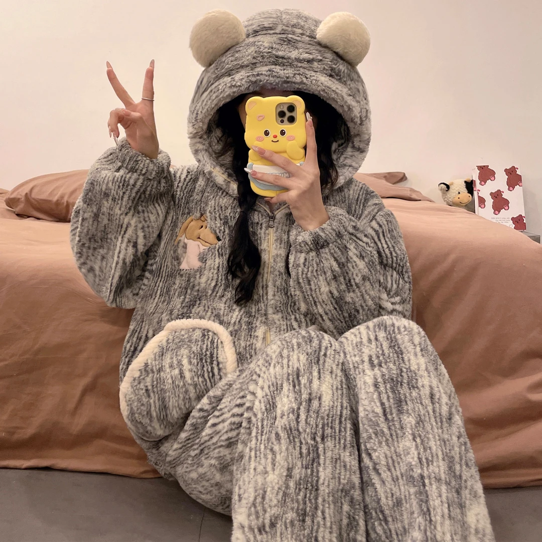 睡衣女秋冬季珊瑚绒加厚2025新款拉链冬天卡通法兰绒可外穿家居服