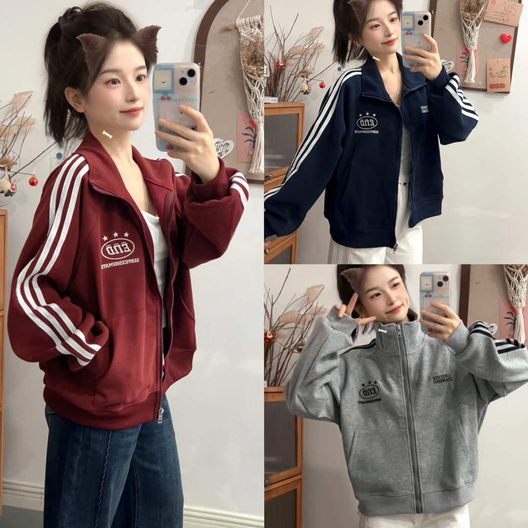 小个子秋季三条杠字母刺绣休闲宽松短外套6601