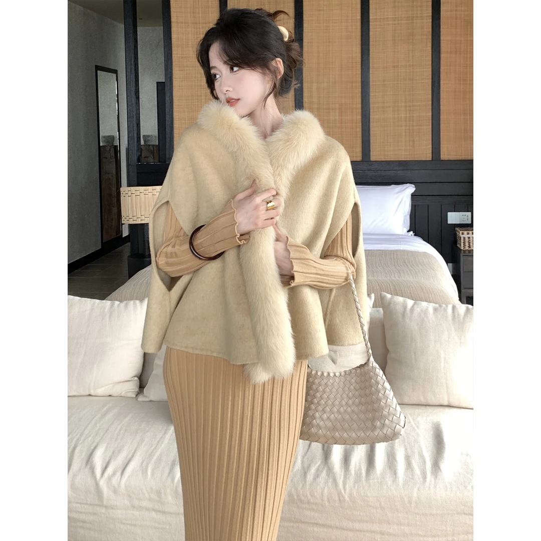 SYT自制 温柔千金风轻奢时尚贵气真狐狸毛拼接双面羊毛马甲外套