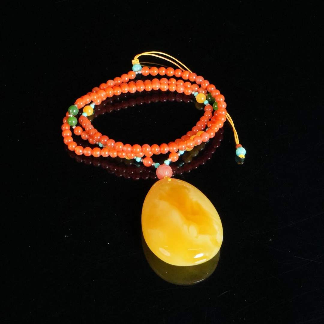 DY-M1941 俄料黄白花纹路水滴吊坠搭配南红配链 35.17g