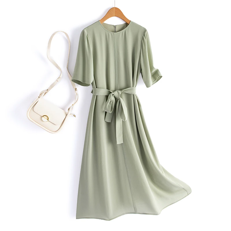 墨枝 重磅鬼绉系带腰显瘦纯色桑蚕丝D9009651