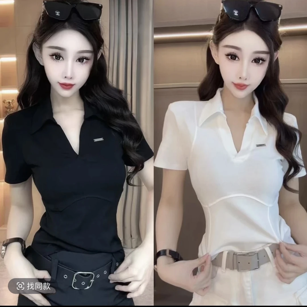 欧货Polo领正肩短袖T恤女2025夏季新款设计感收腰显瘦百搭上衣潮