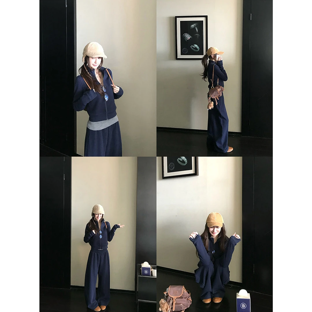 番茄妹妹Tomatosister 华夫格立领老钱立领卫衣弯刀长裤套装