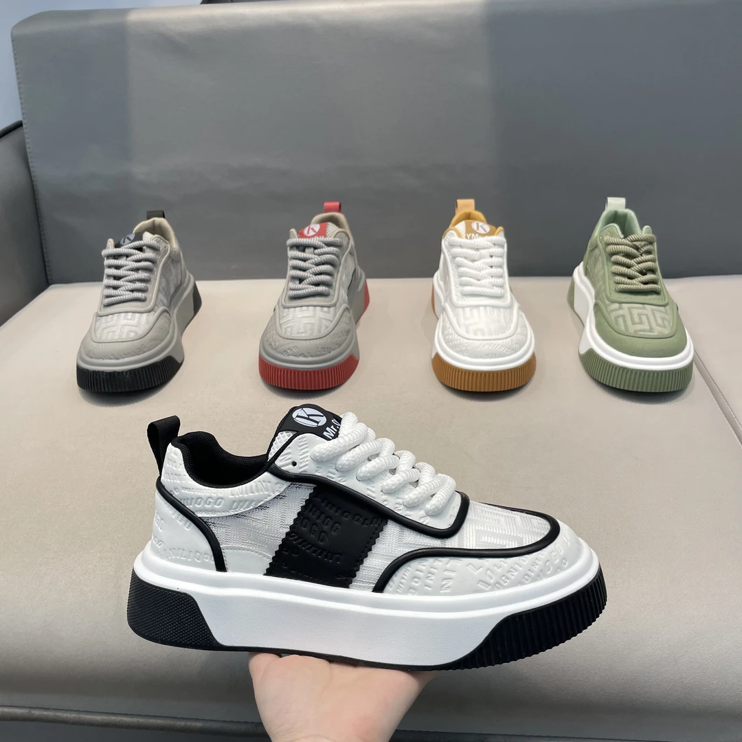 夏季透气潮男休闲系带板鞋拼色厚底时尚百搭休闲鞋