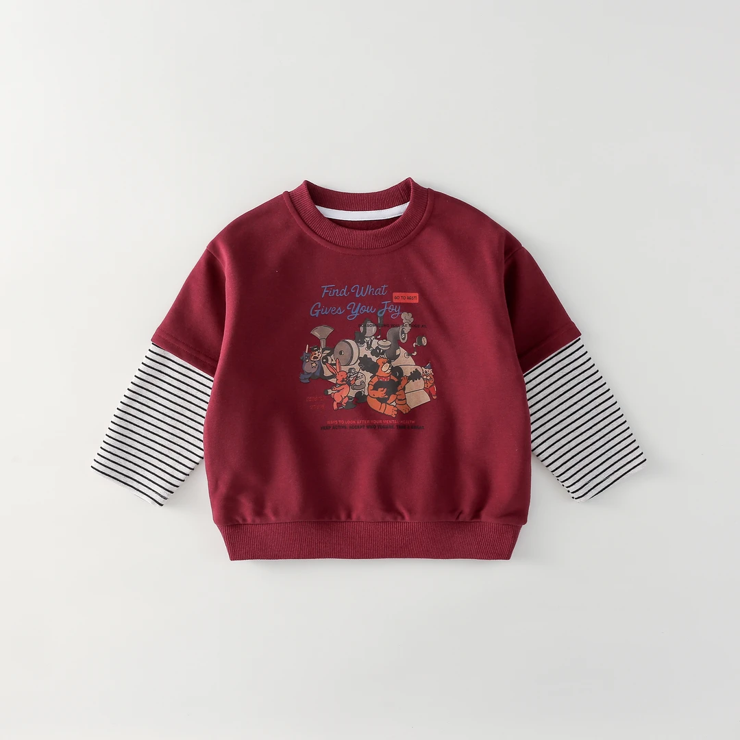 小乖家常规春秋条纹男童圆领长袖卡通男童撞色插肩袖卫衣QM66363