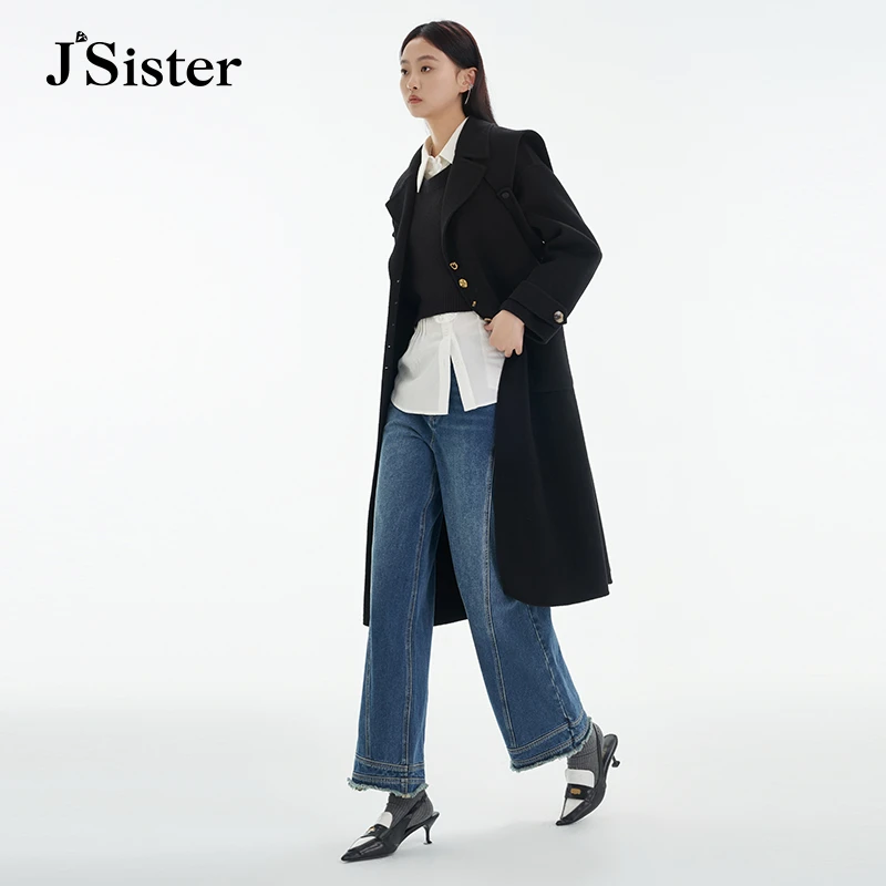 jsister 秋装款 JS女装时尚藏青色毛呢大衣外套气质秋冬