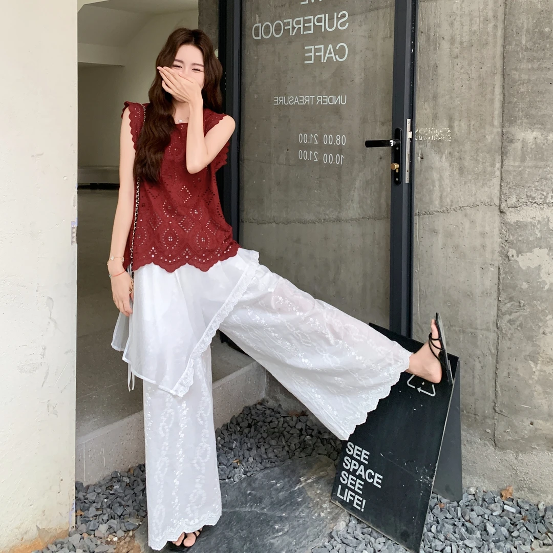 镂空蕾丝背心绣花阔腿裤套装女2025年夏季慵懒松弛感巨好看两件套
