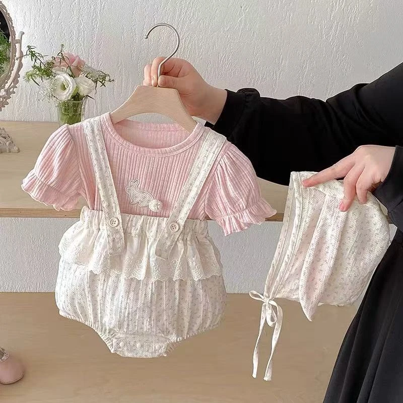 婴儿夏季甜美可爱薄款洋气两件套背带裤宝宝泡泡袖外出服+帽子