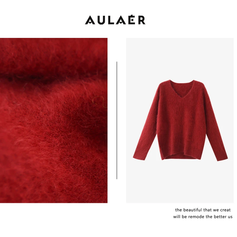 AULAER/澳拉尔【安琳专属】云朵感拉绒羊绒无缝针织V领衫ALE953822