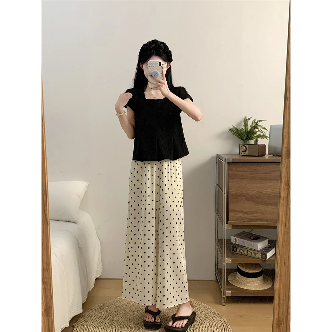 大码女装2024夏季新款显瘦高腰百搭洋气波点裤衬衫上衣12886+1287