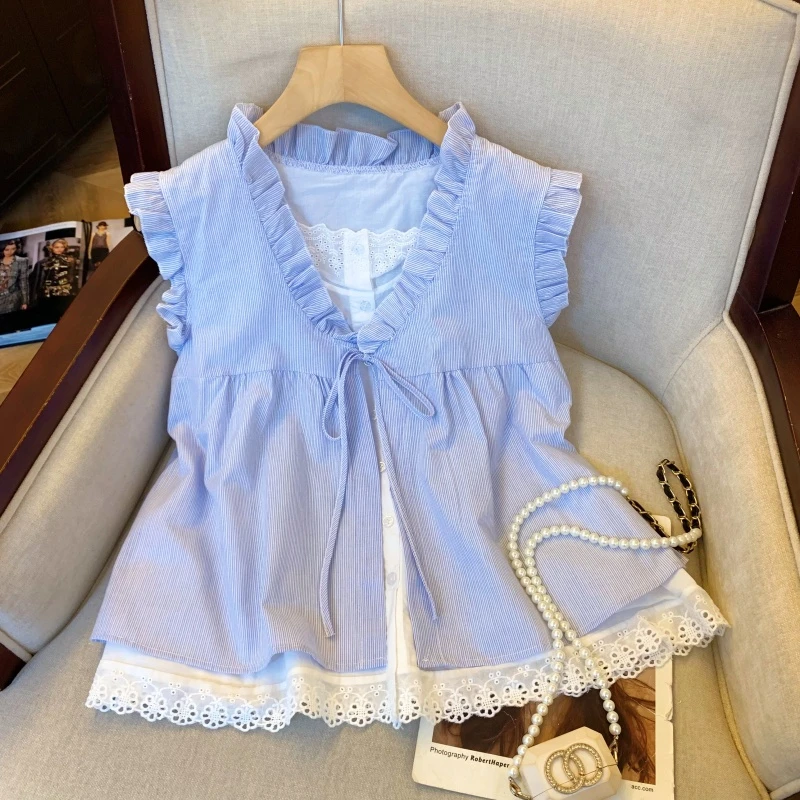 蓝色蕾丝拼接无袖衬衫女夏假两件木耳边系带小衫法式独特绝美上衣