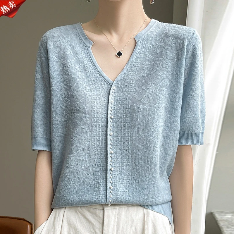 品牌2025时尚夏季短袖t恤女新款V领针织钉珠轻奢亲肤小香风上衣女