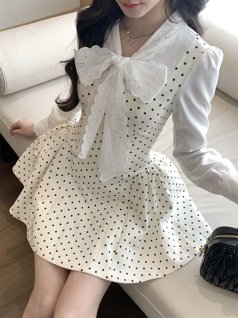 越韩小鱼 白茶轻欢 法式波点连衣裙拼接假两件高级感收腰蓬蓬裙