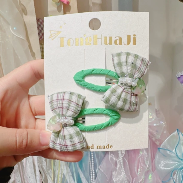 A018-绿色格子拜拜夹一对【满15包邮发货】可爱仙女儿童发饰