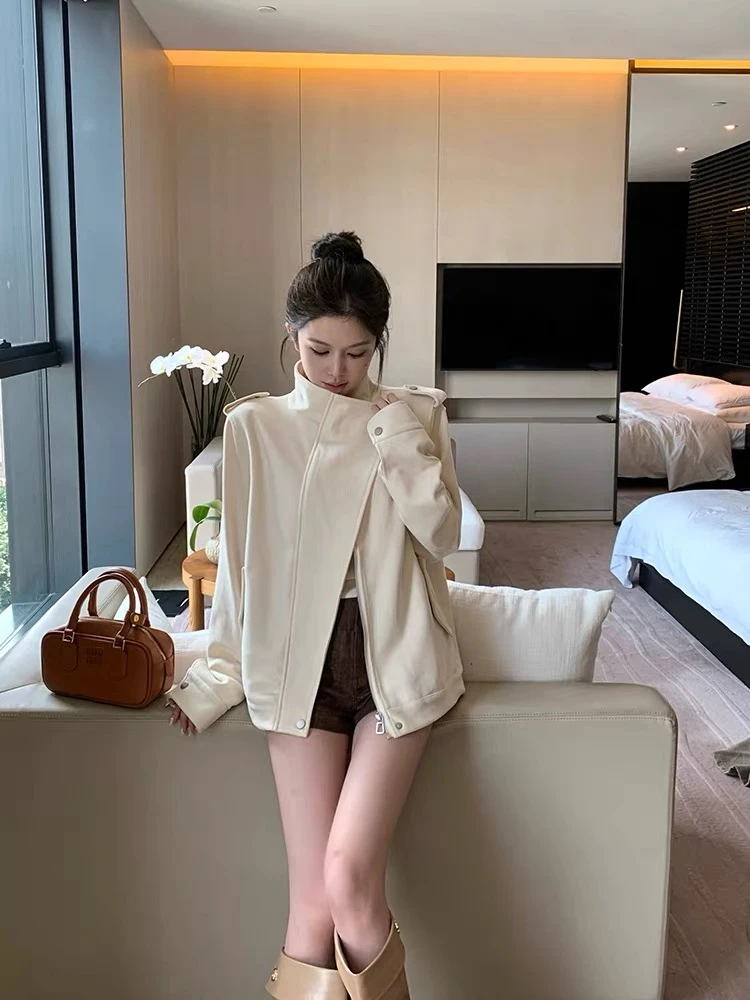 【bbo推荐】麂皮绒米色立领长袖外套女秋季夹克机车服气质开衫上衣