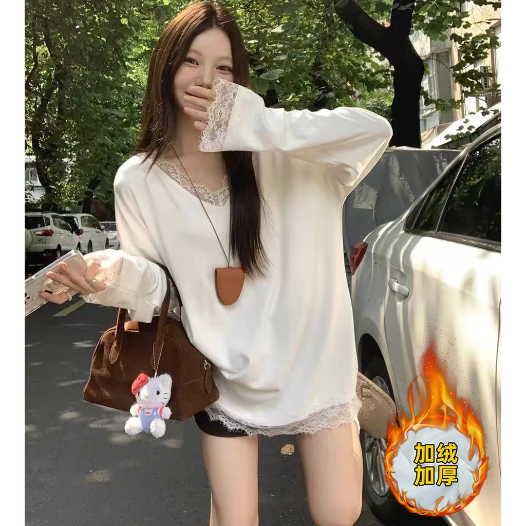 #9009加绒加厚百搭蕾丝边宽松外穿内搭白色T恤韩风基础简约打底衫