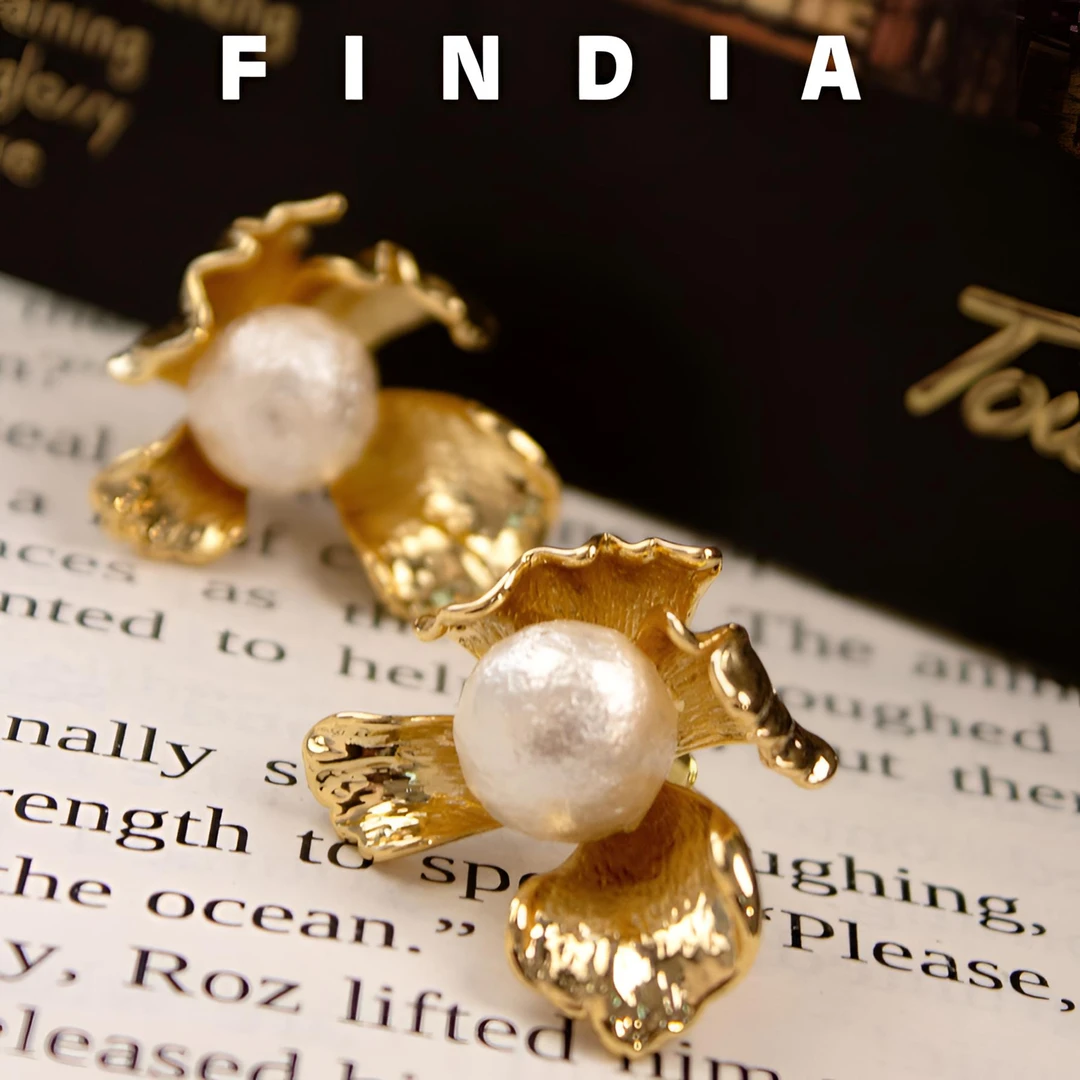 黄铜耳饰 FINDIA花间序棉花珠法式轻奢金色气质时尚耳钉