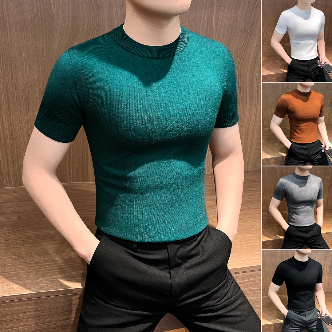 针织短袖男t恤春秋季纯色休闲男款上衣痞帅高级感修身男士打底衫