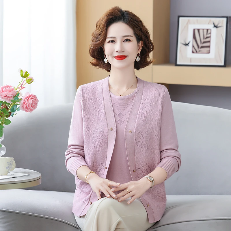 中年妈妈装春秋新款针织开衫两件套中老年女装毛衣外套奶奶上衣