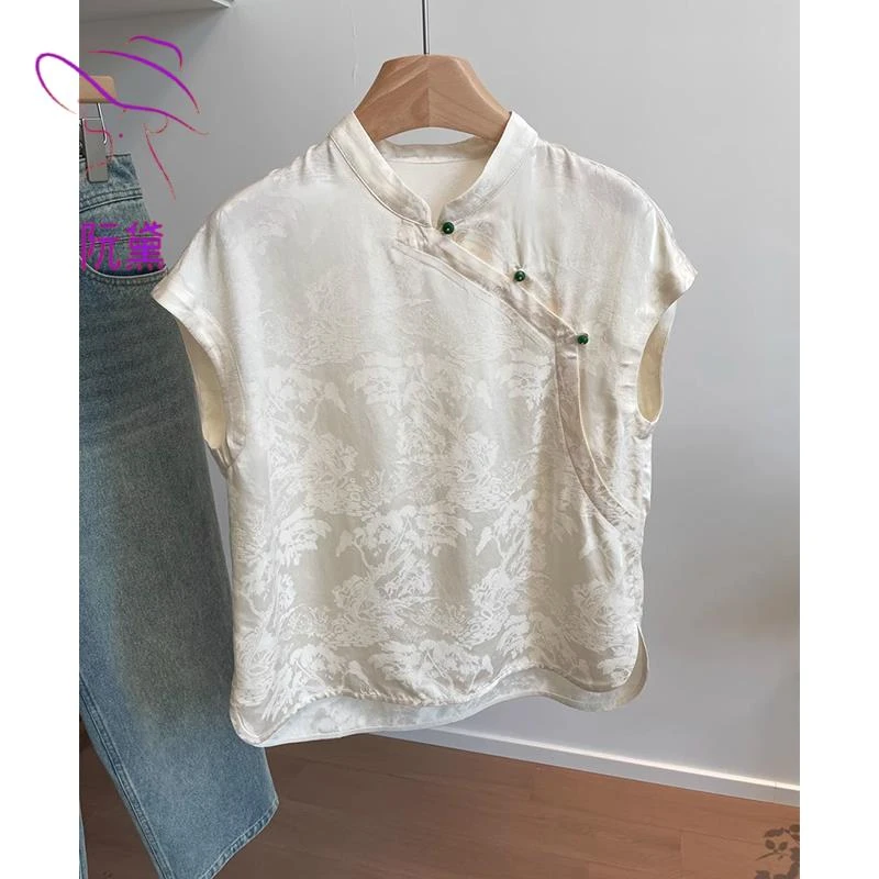 阮黛新中式上衣国风设计感立领衬衫短袖新款时尚宽松复古气质小衫