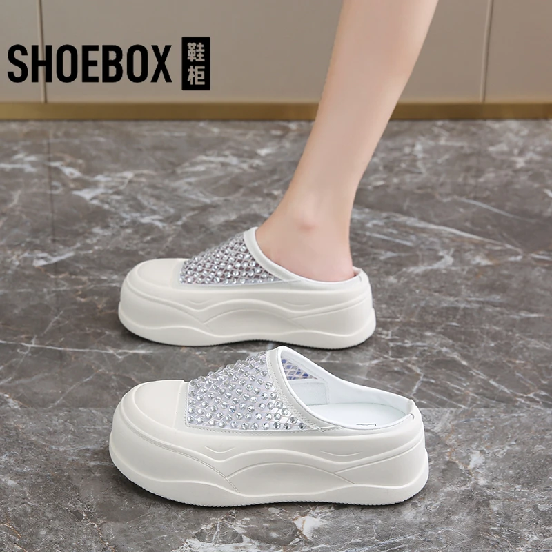 SHOEBOX鞋柜厚底增高半拖鞋女2025夏季外穿新款水钻洞洞凉拖鞋