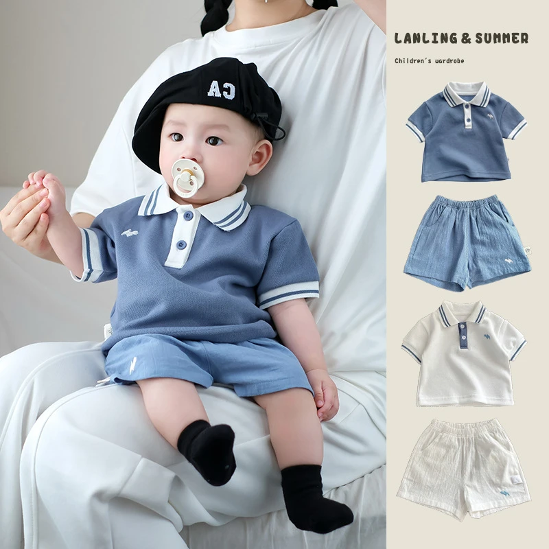 男童夏季短袖套装婴儿薄款透气polo领T恤洋气宝宝韩版短裤两件套