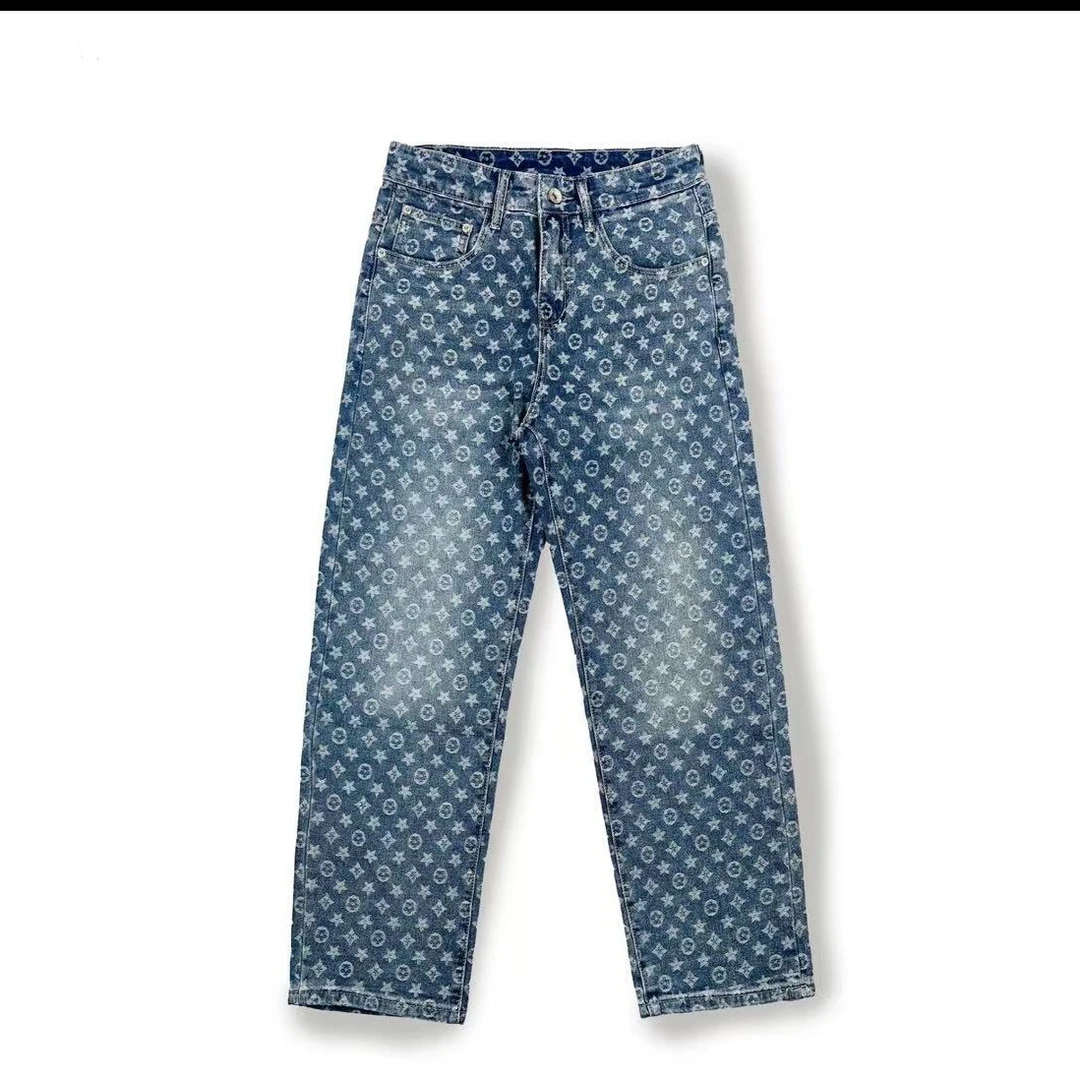 夏季男士浅色薄款提花复古直筒新款宽松直筒牛仔裤lucktale裤子