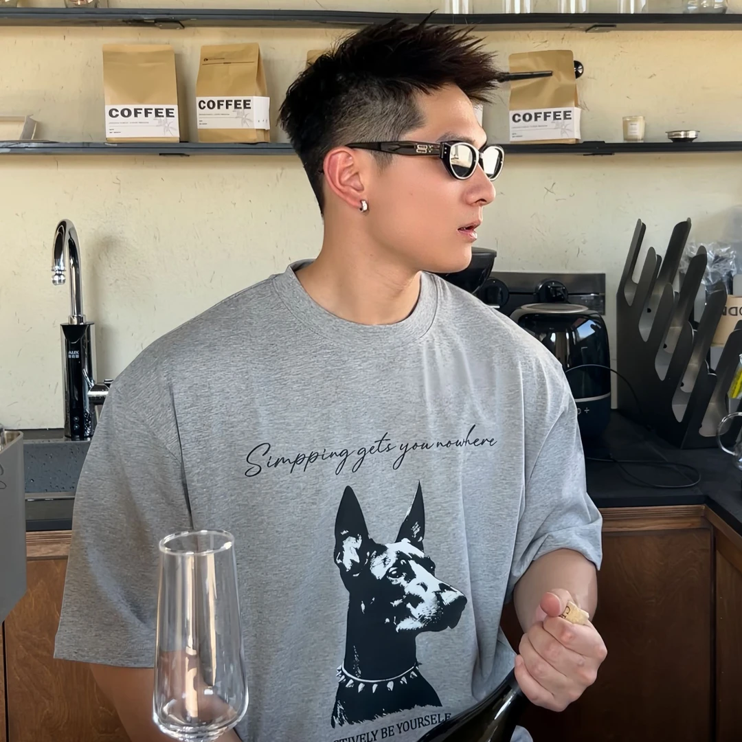 TTYM*夏季美式杜宾印花宽松纯棉短袖T恤潮字母图案男女落肩灰色