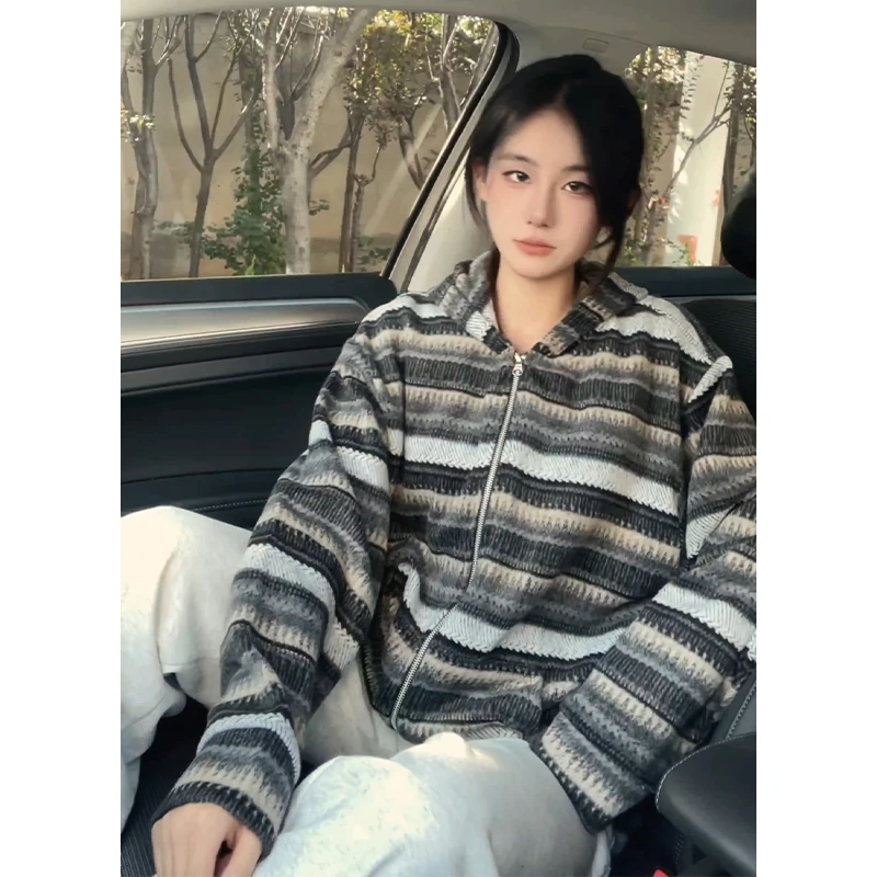 美式休闲条纹卫衣男款秋季情侣复古潮牌cleanfit宽松连帽开衫外套