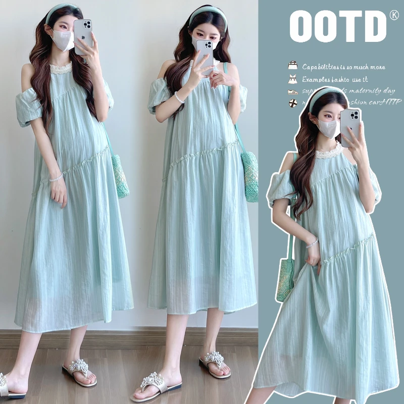 孕妇装连衣裙夏季时尚露肩宽松显瘦甜美气质遮肚长裙大码小清新