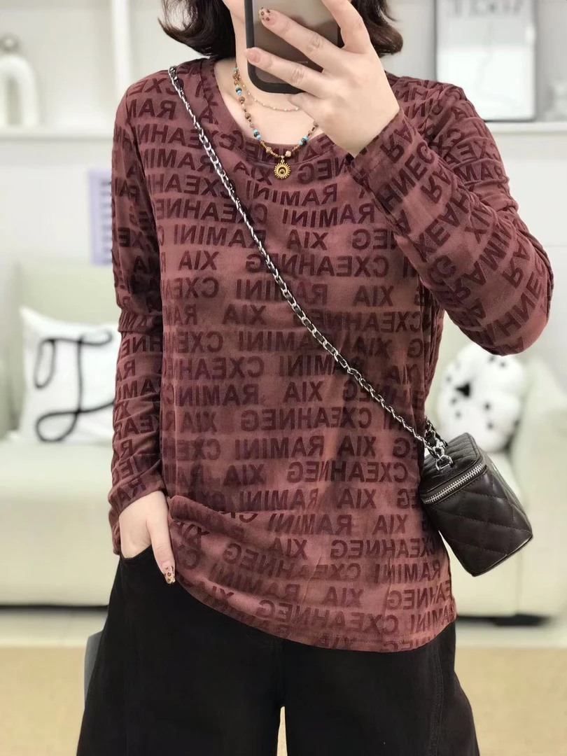 {莹莹推荐}58330秋季大码女装植绒字母满印打底上衣T恤