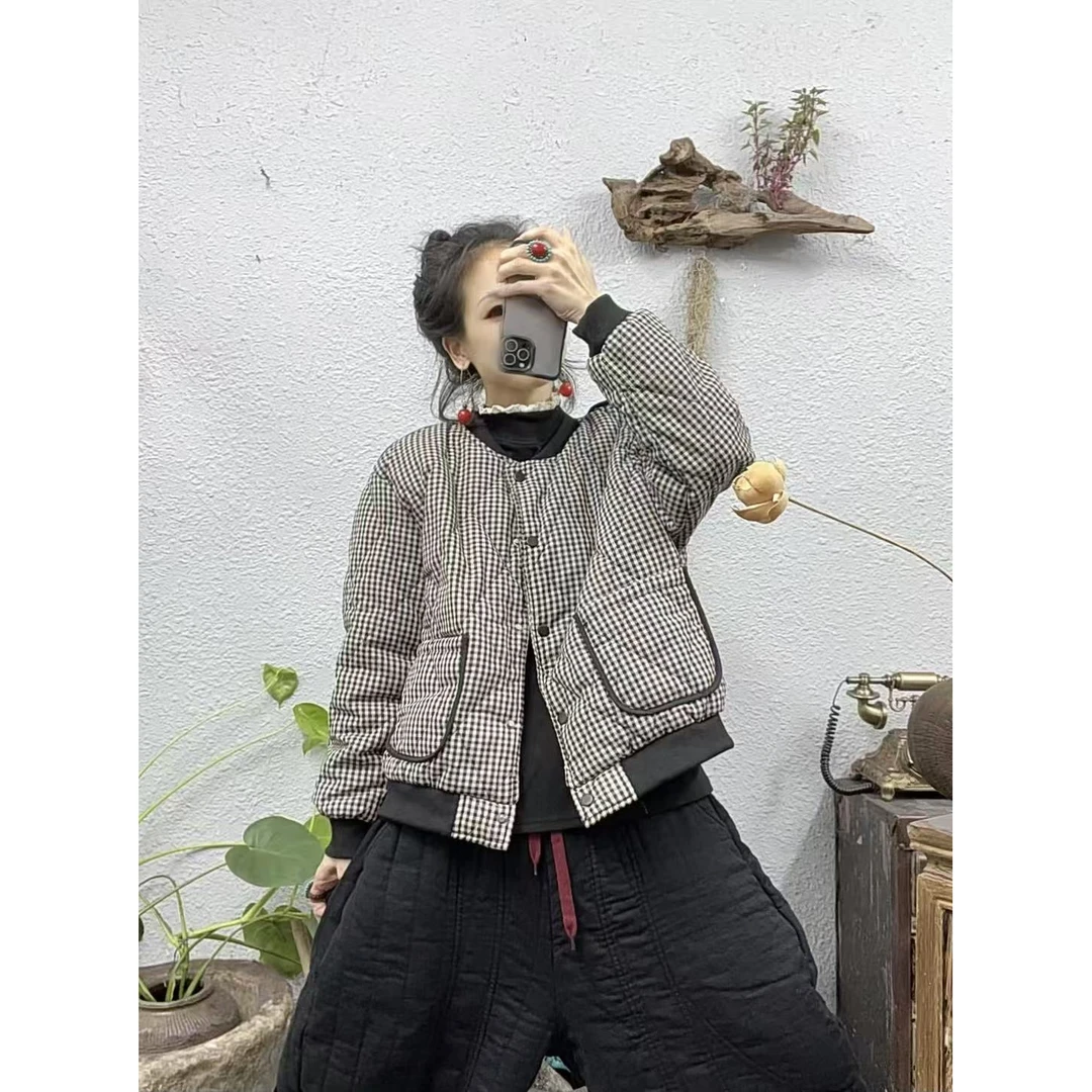 88826黑小格夹棉棒球领拉扣棉袄外套（长60胸围134