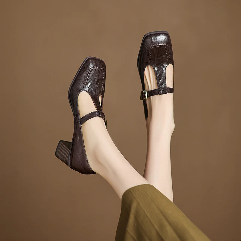 6cm~春季女鞋玛丽珍小皮鞋2025新款复古高跟鞋丁字扣粗跟浅口单鞋