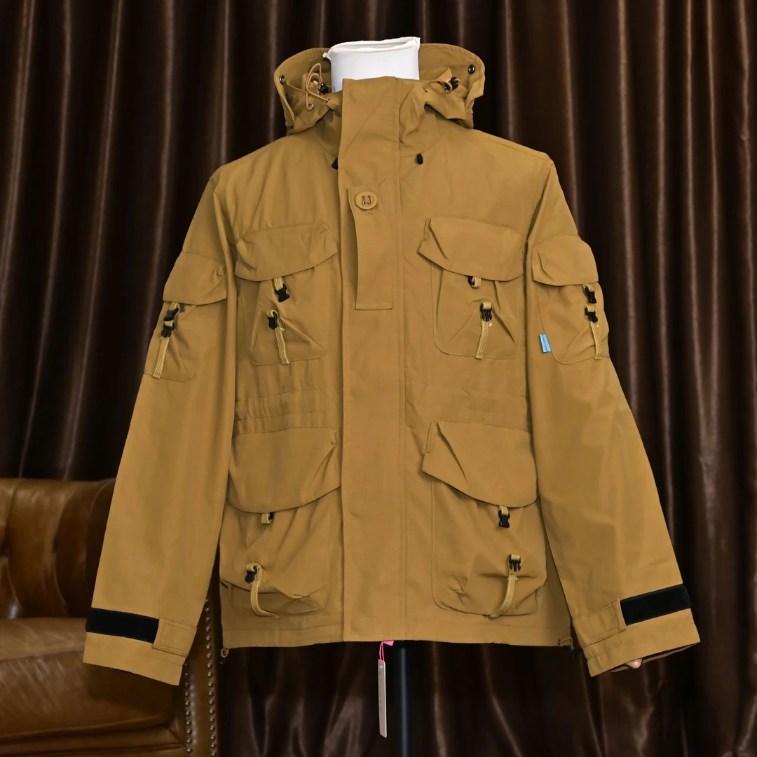 28614-连帽冲锋衣防风立体口袋外套夹克宽松薄款男士美式复古浅色