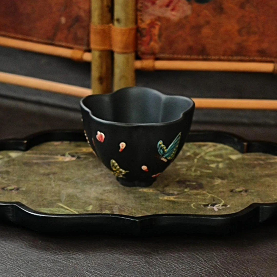 【9000蝶恋花】宜兴原矿紫砂全手工堆绘茶器主人杯茶具