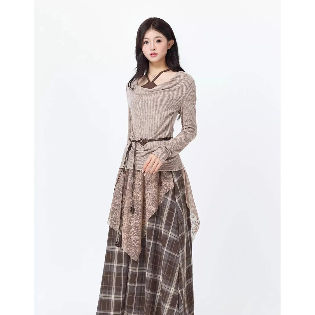 秋季女装复古休闲套装气质修身显瘦长袖上衣格子入秋一整套女装