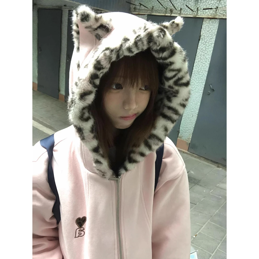 韩系复古麂皮连帽拉链棉服女春秋冬宽松显瘦豹纹内衬慵懒休闲外套