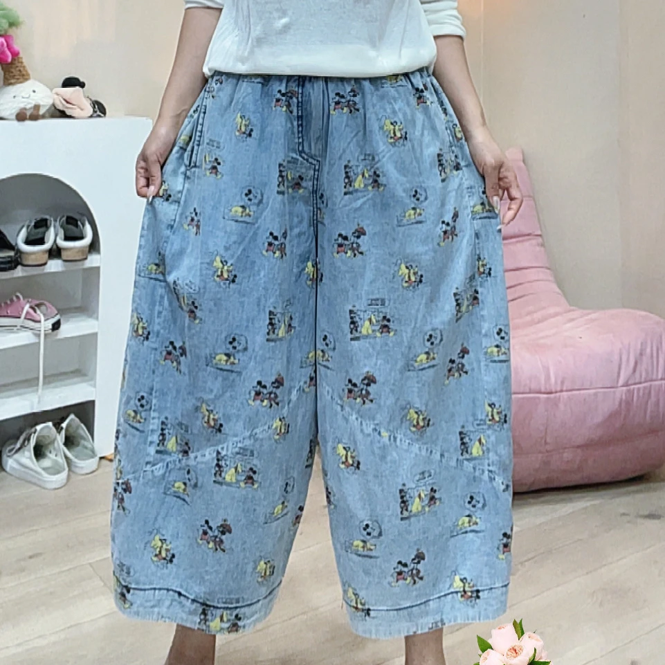 598韩版新款印米奇宽松大版八分牛仔女裤显瘦百搭