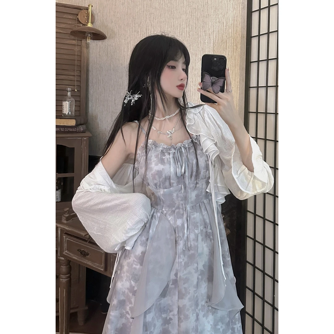 .万收藏法式套装扎染吊带连衣裙清冷感仙女裙百搭绑带薄防晒衣今