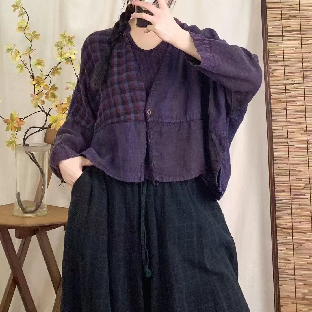 文艺气质亚麻拼接格子复古慵懒短款小衫