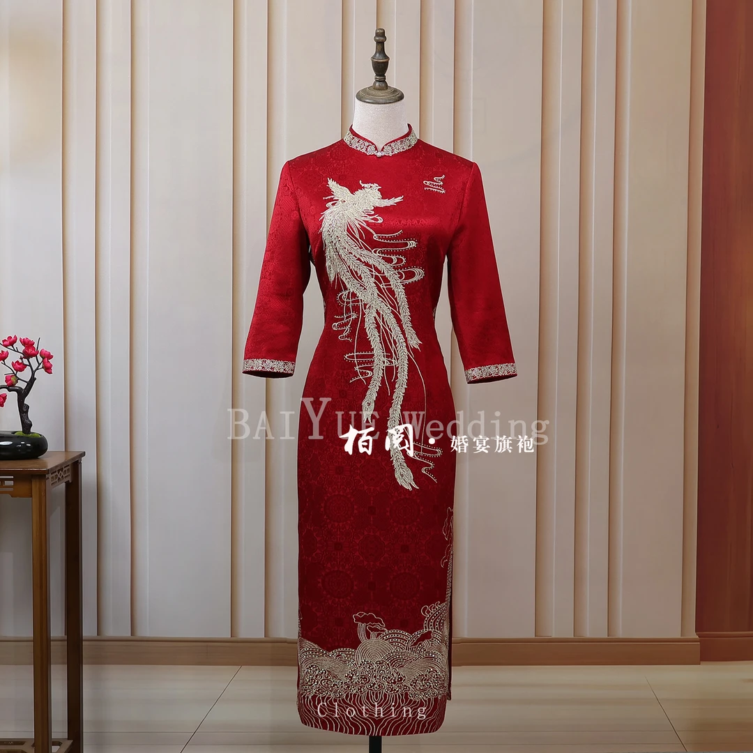 风格花色中国风刺绣常规款旗袍结婚气质长袖喜婆婆妈妈婚宴冬季