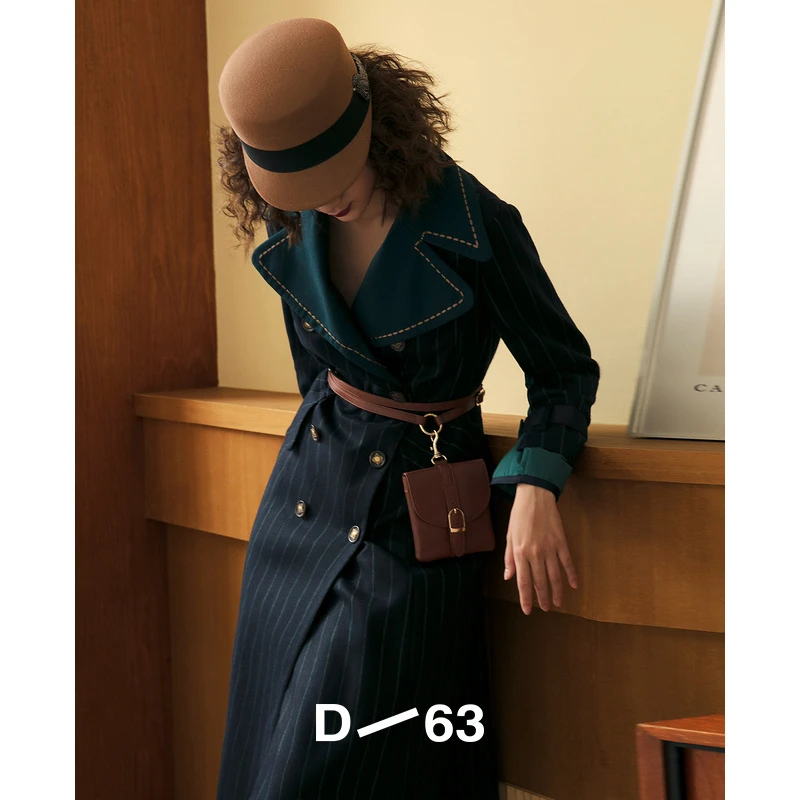 气质复古收腰中长款设计师翻领秋冬双排扣时尚长大衣5X4D65017