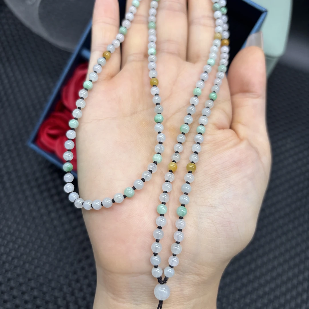 福利天然缅甸翡翠A货糯冰种三彩圆珠4mm米珠玉石挂件绳毛衣链百搭