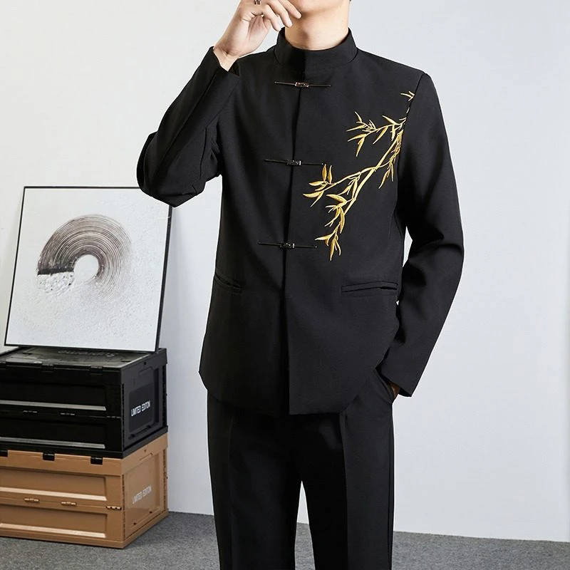 新中式华服中山装订婚西服男中国风金竹刺绣痞帅正肩新郎结婚西装