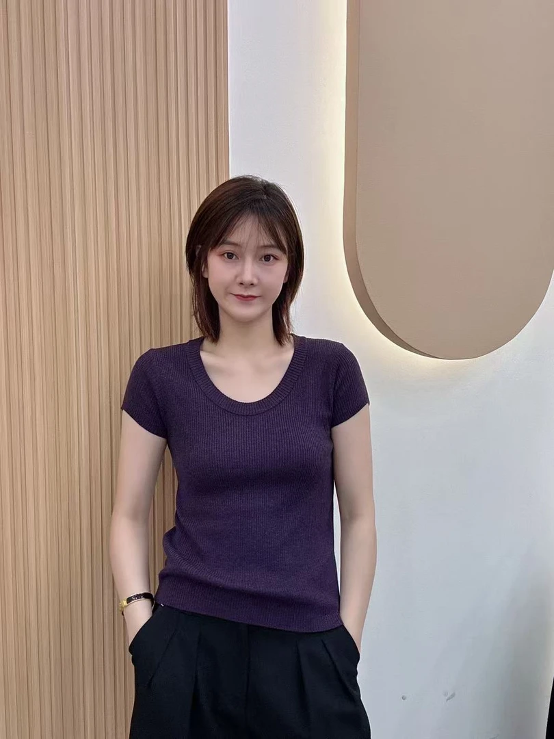 韩系U领弹力显瘦软糯针织小飞袖上衣6083